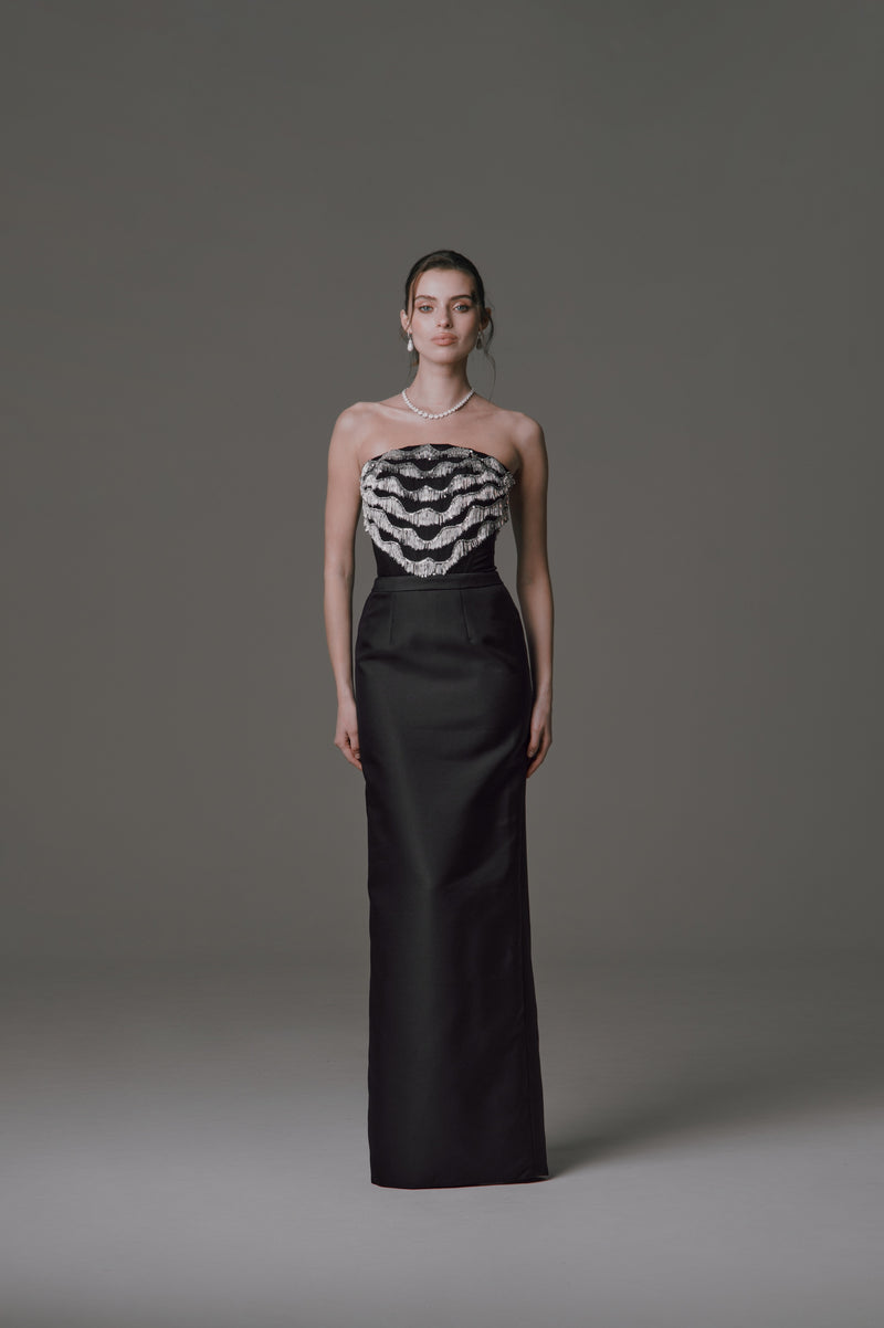 Strapless Column Dress with Beaded Fringe Detail