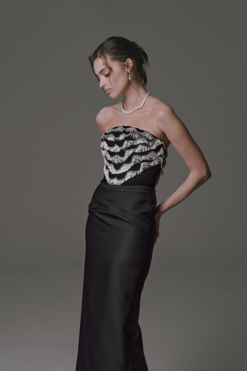 Strapless Column Dress with Beaded Fringe Detail