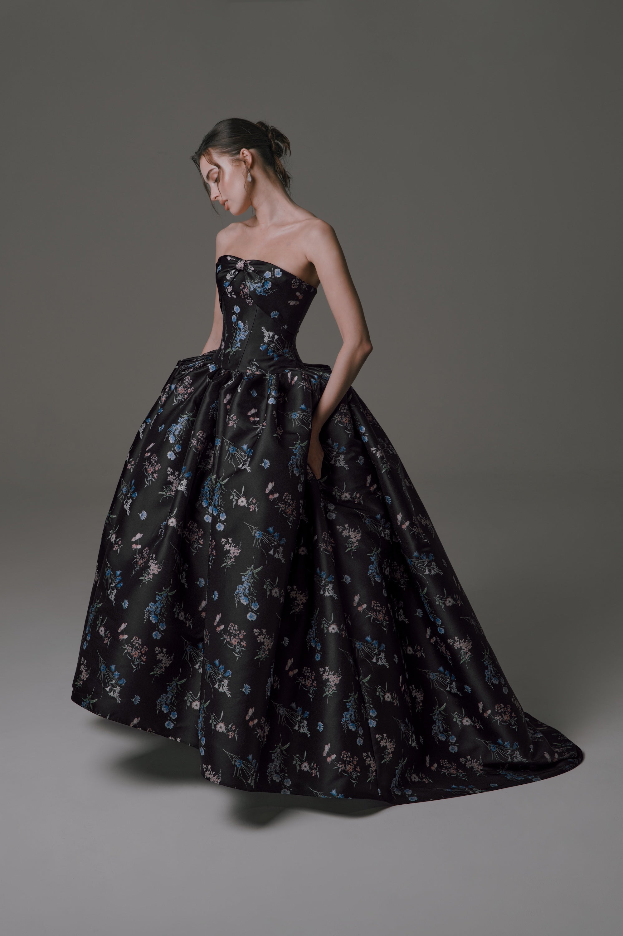 High-Low Mikado Dress with Bow Detail and Structured Pleats