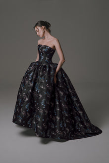 High-Low Mikado Dress with Bow Detail and Structured Pleats