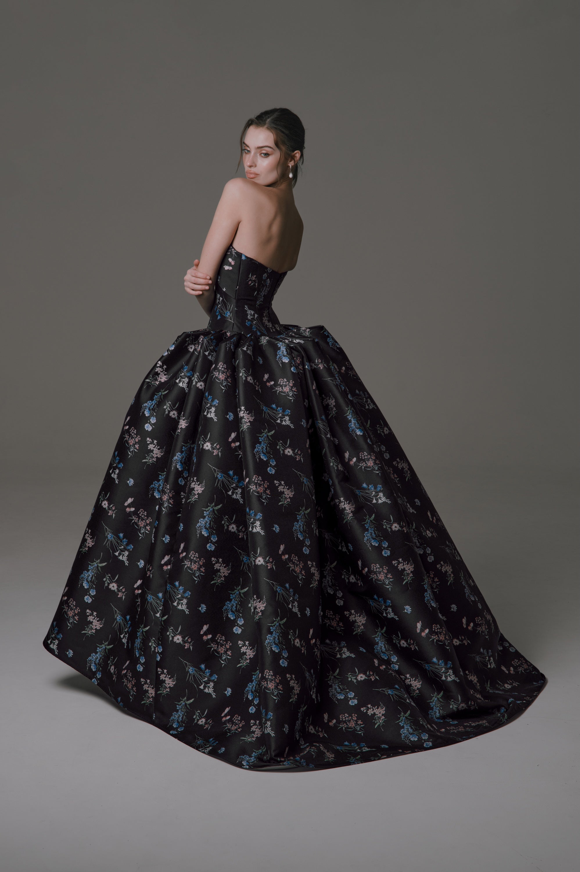 High-Low Mikado Dress with Bow Detail and Structured Pleats