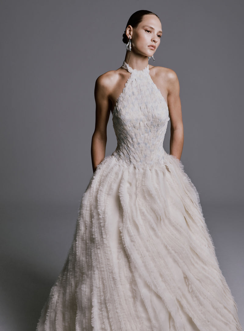 Halterneck Organza Dress with Feather Detail