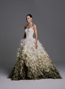 Strapless High-Low Gown with Gradient Feathers