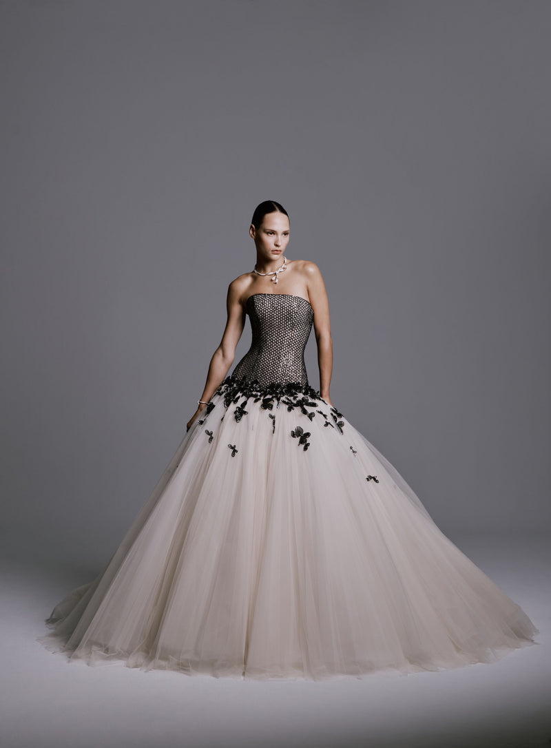 Strapless Tulle Gown with Beading and Butterfly Embellishments
