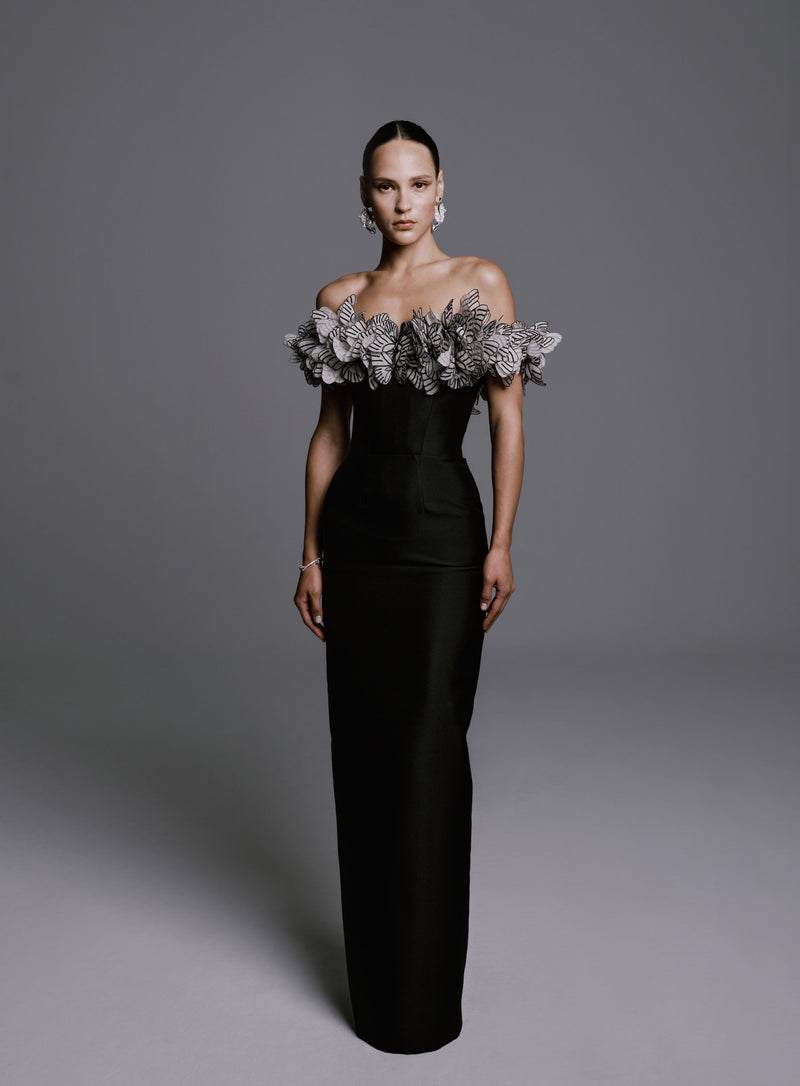 Off-the-Shoulder Mikado Column Dress with Organza Butterfly Embellishments