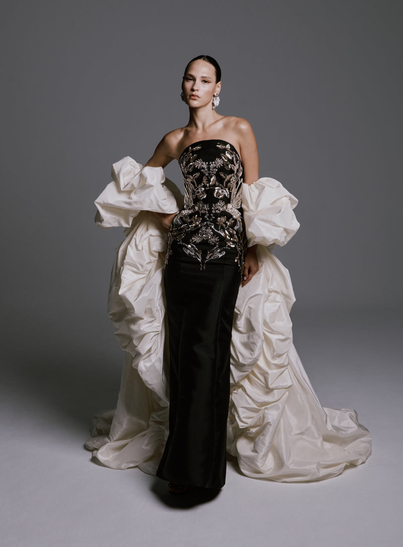 Strapless Mikado Dress with Floral Beading
