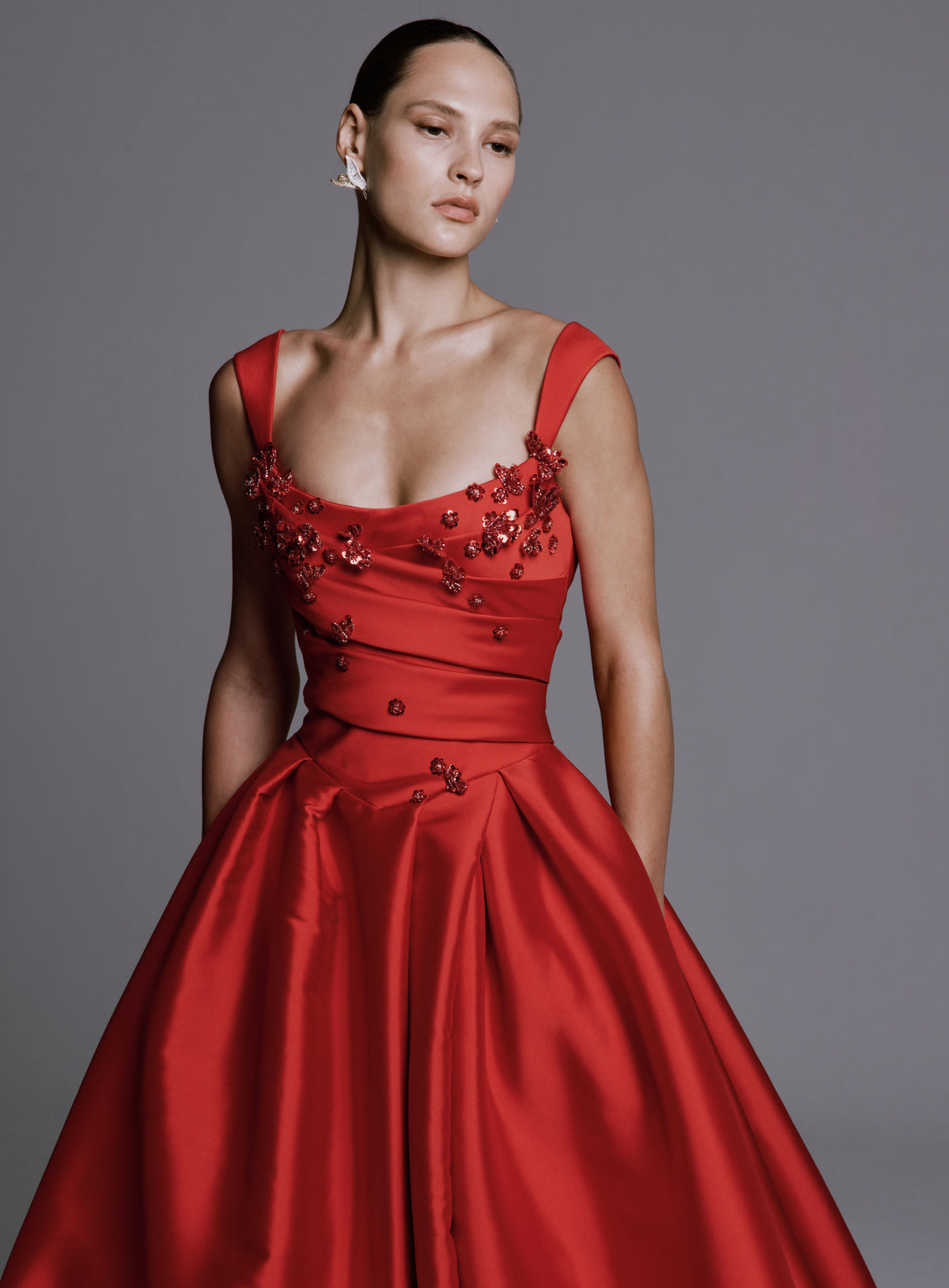Sleeveless Mikado Gown with Beaded Flowers