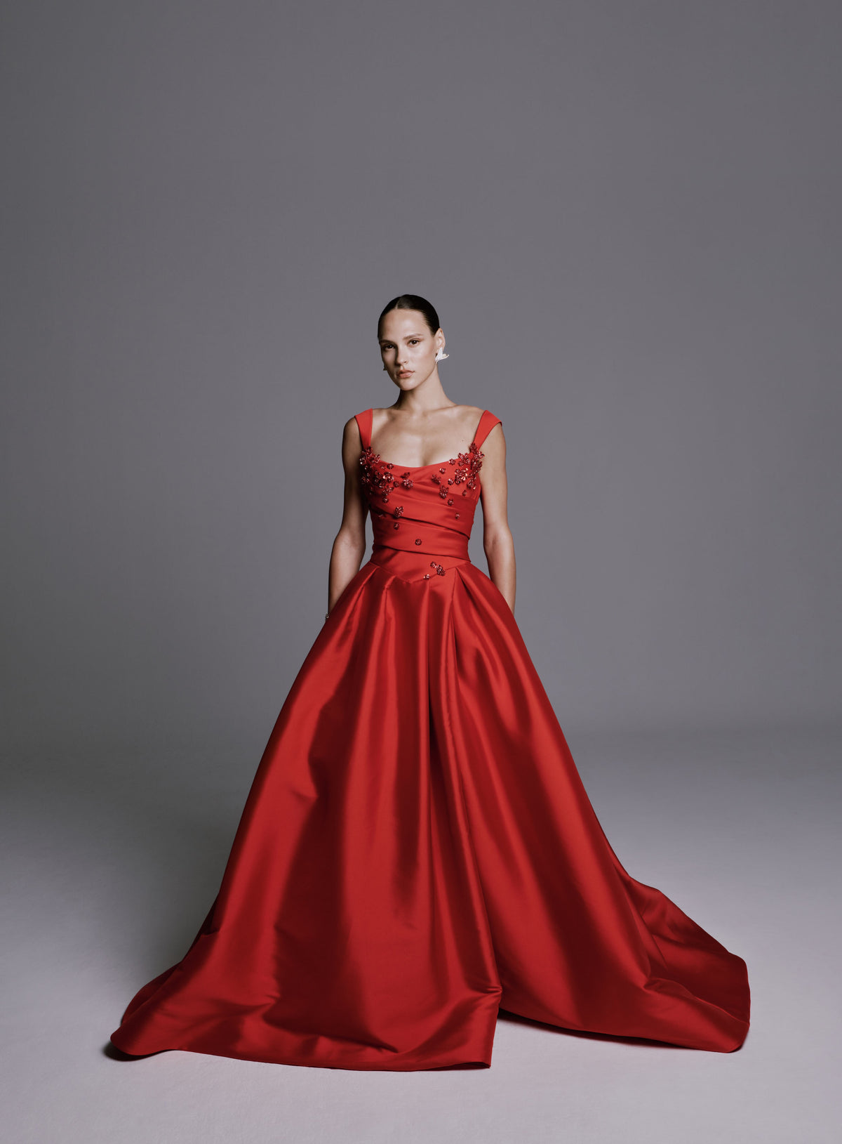 Sleeveless Mikado Gown with Beaded Flowers