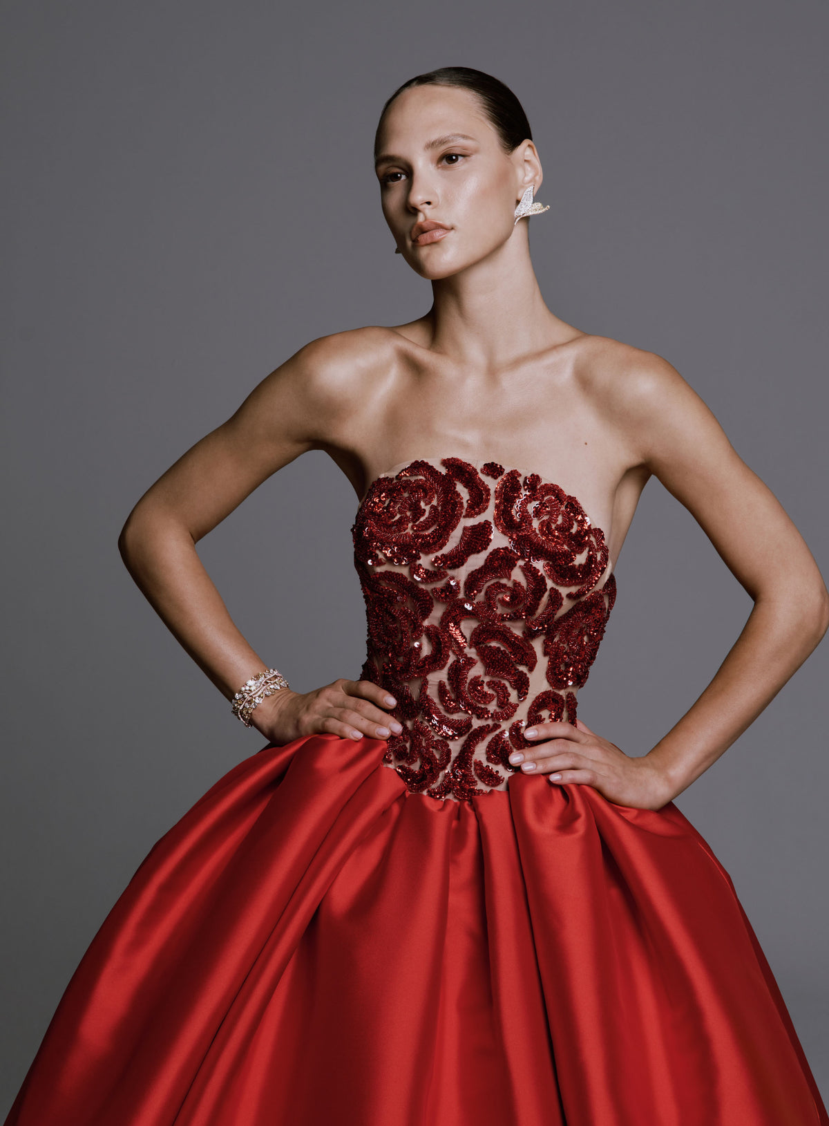 Strapless Mikado Ballgown with Sequin Flower Bodice