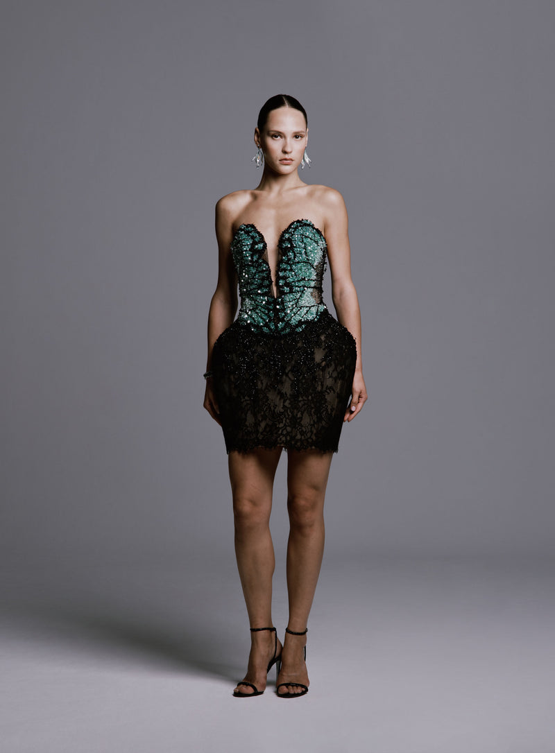 Strapless Mini Dress with Sequined Butterfly Motif