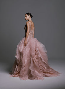 V-Neck Gown with Beading and Pleated Organza Detail