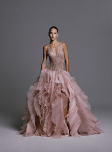 V-Neck Gown with Beading and Pleated Organza Detail