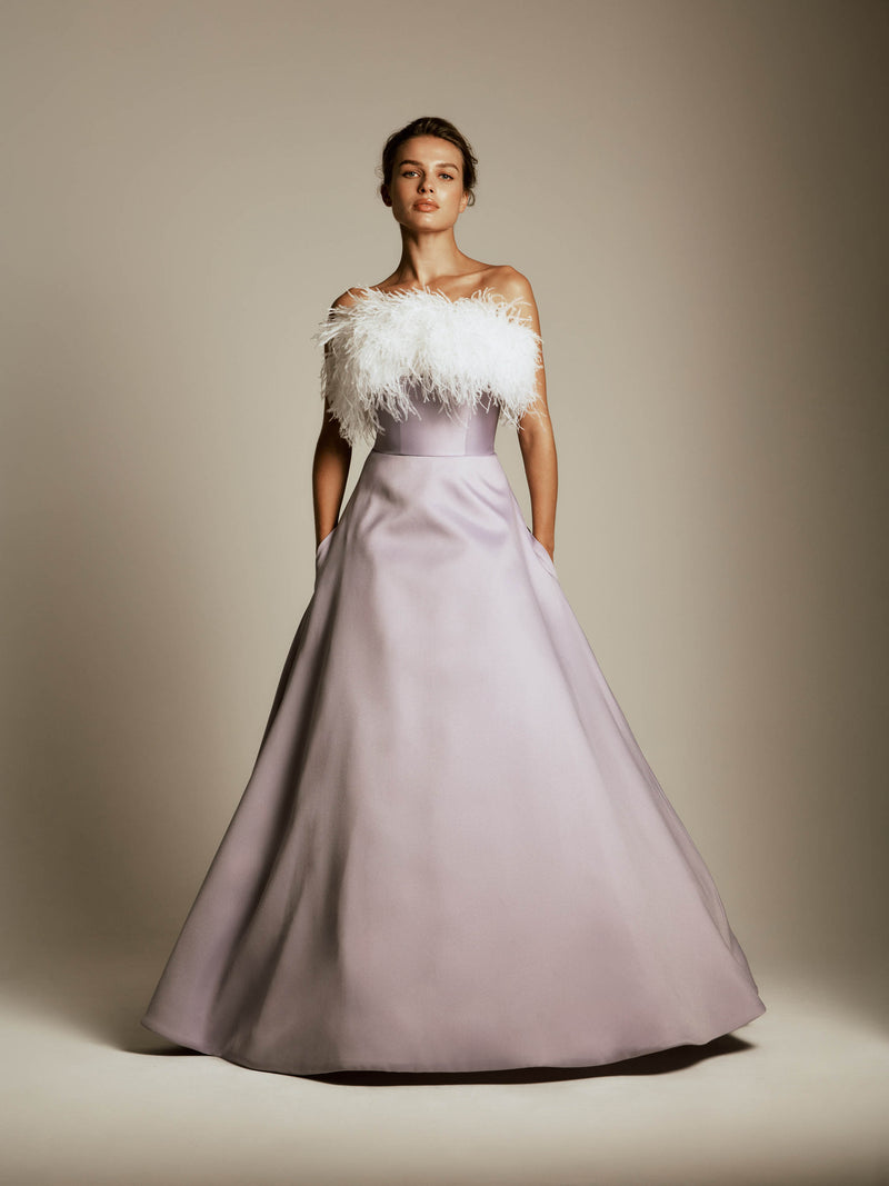 Strapless Mikado Dress with Feather Detail