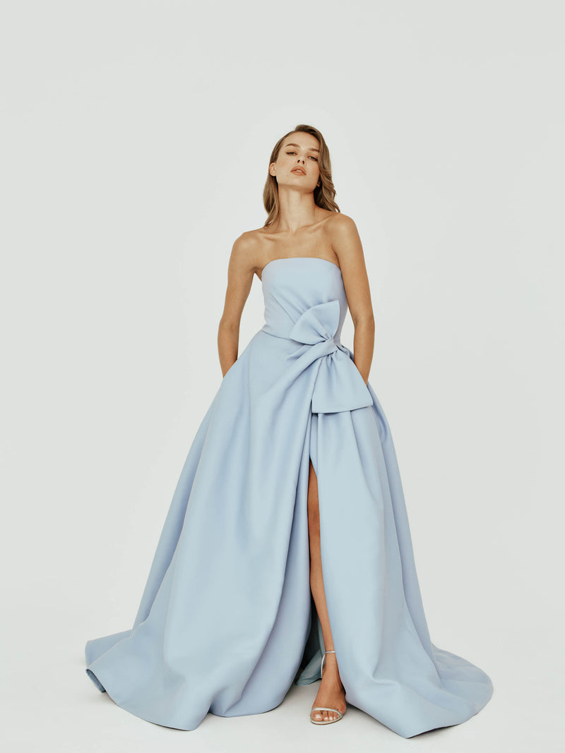 Strapless Mikado Dress with Bow Detail and Slit