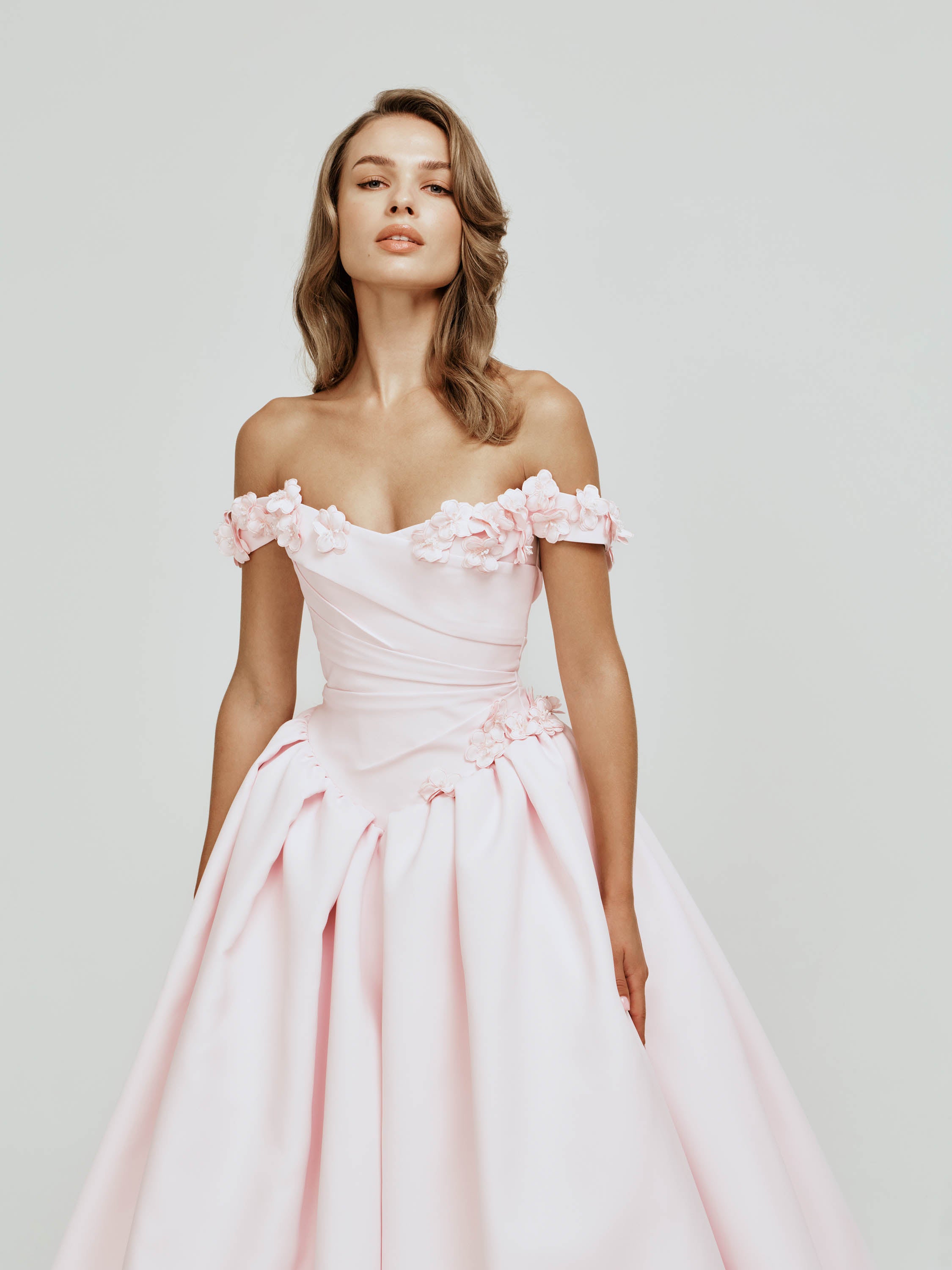 Off-the-shoulder Basque Waist Dress with Flower Appliques | Nicole