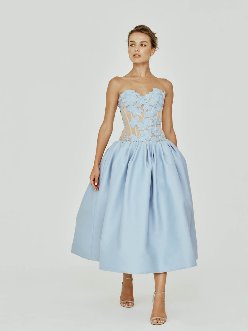 Drop Waist Midi Dress with Mikado Flower Appliques