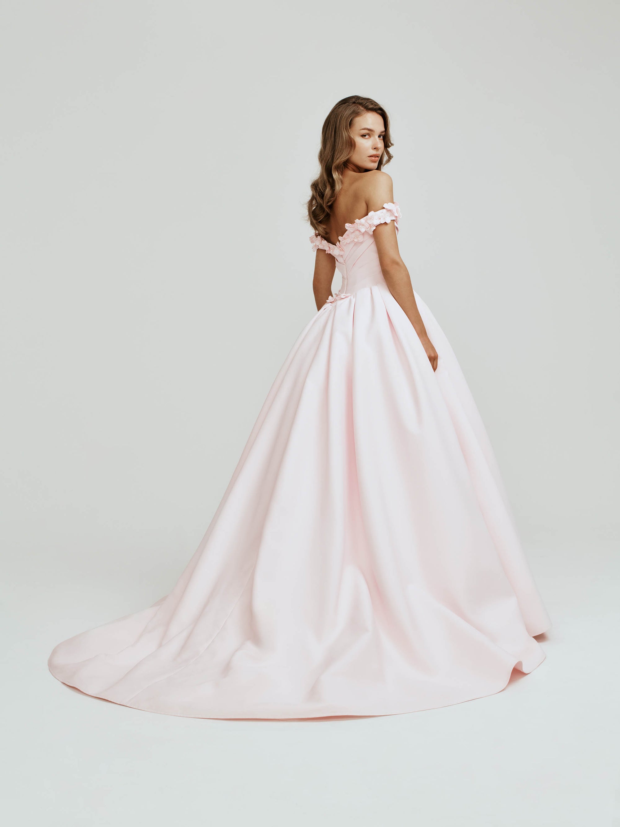 Off-the-shoulder Basque Waist Dress with Flower Appliques