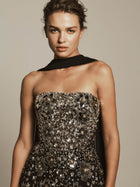 Chiffon Dress with Metallic Flower Detail and Chiffon Scarf