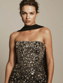 Chiffon Dress with Metallic Flower Detail and Chiffon Scarf