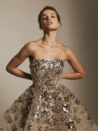 Strapless Midi Dress with Metallic Flower Detail
