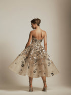 Strapless Midi Dress with Metallic Flower Detail