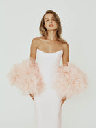 Strapless Cateye Column Dress with Organza Ruffle Bolero