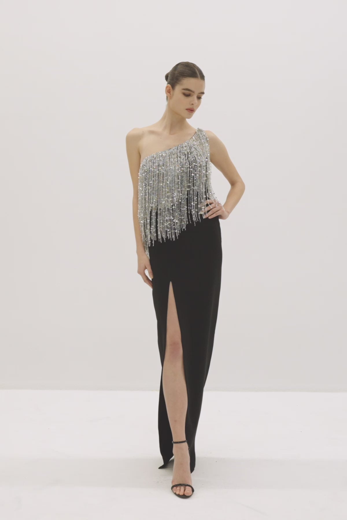 One-Shoulder Crepe Dress with Beaded Fringe Detail | Nicole+Felicia