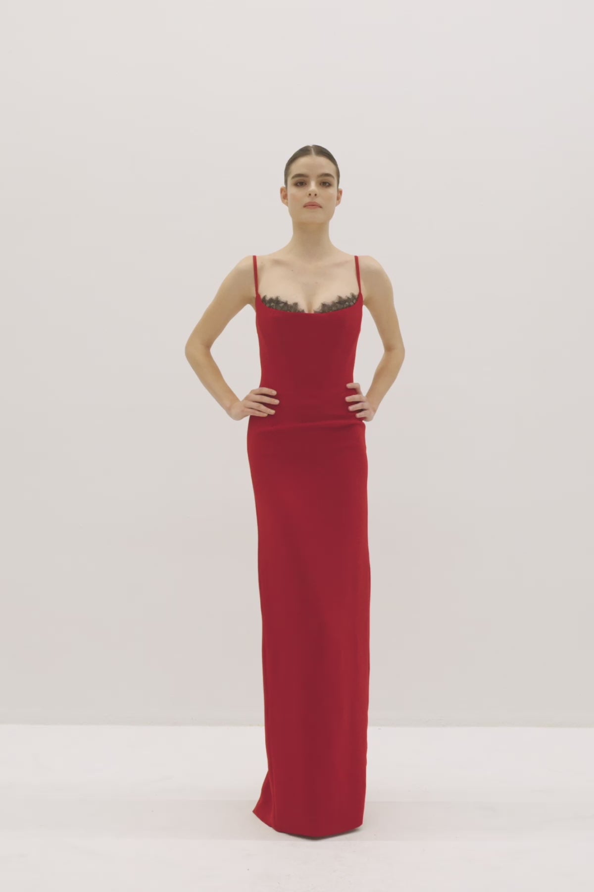 Crepe Dress with Lace Detail in Red | Nicole+Felicia